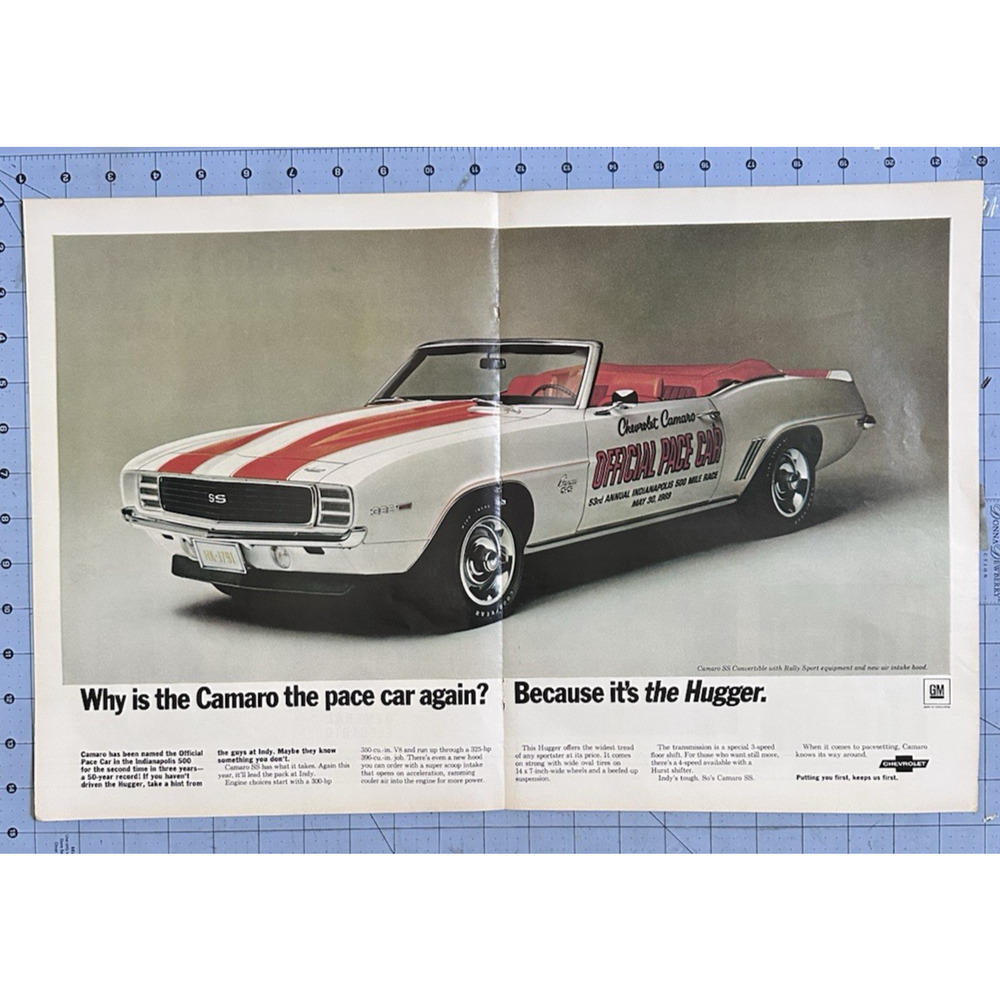 CHEVROLET CAMARO RARE VINTAGE 1969 CENTERFOLD CLASSIC PACE CAR